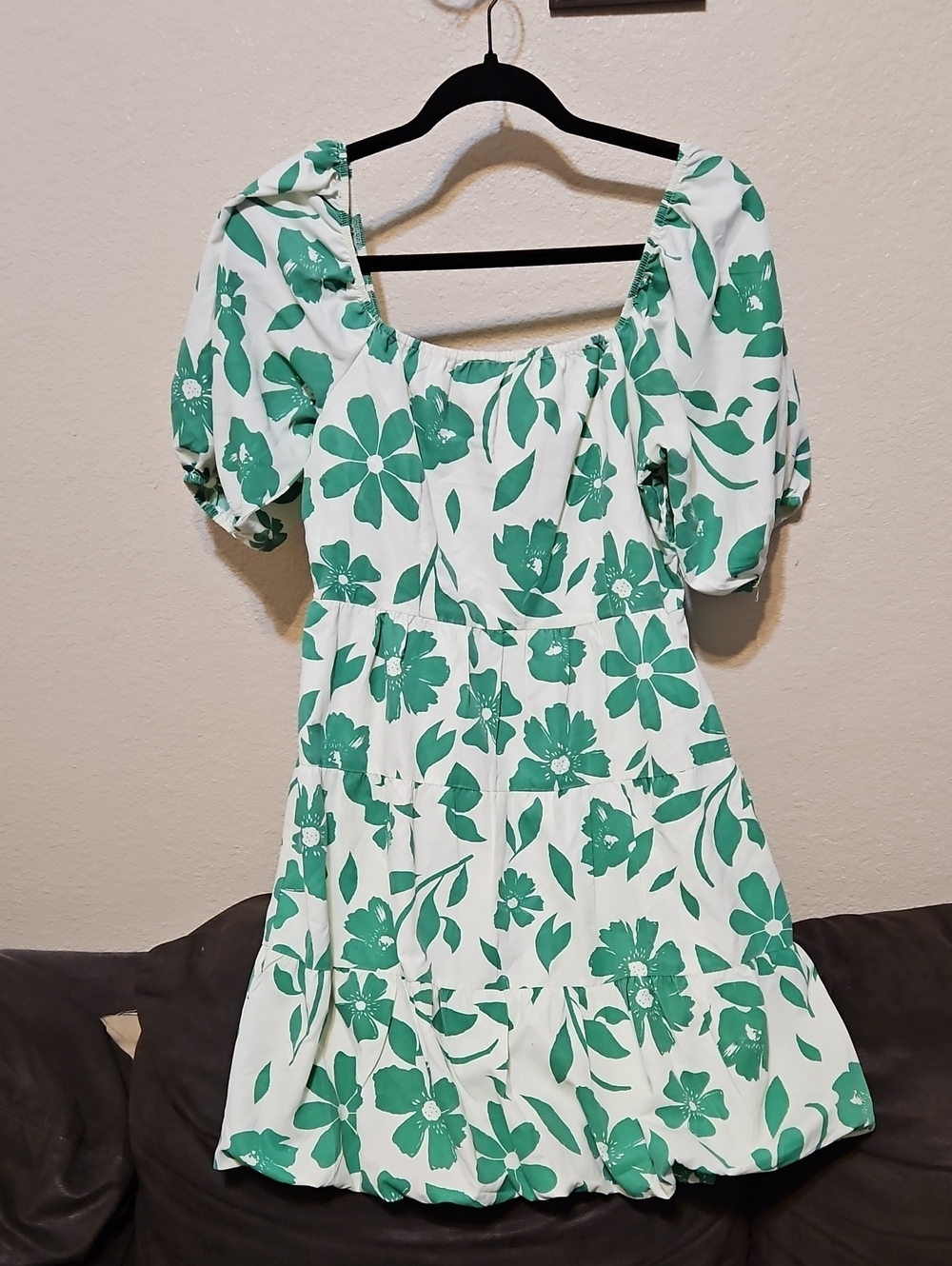 Green Floral Puff-Sleeve And Bubble Skirt Midi Dress